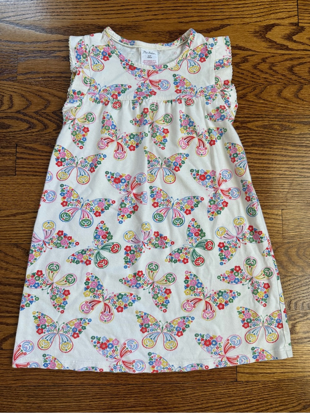 Mini Boden White Dress with Multicolor Floral Butterflies 3-4Y / 3T - 4T